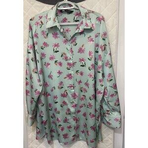 Zara Women’s L Floral Satin Button Down Shirt Green Pink Oversized Tunic Top